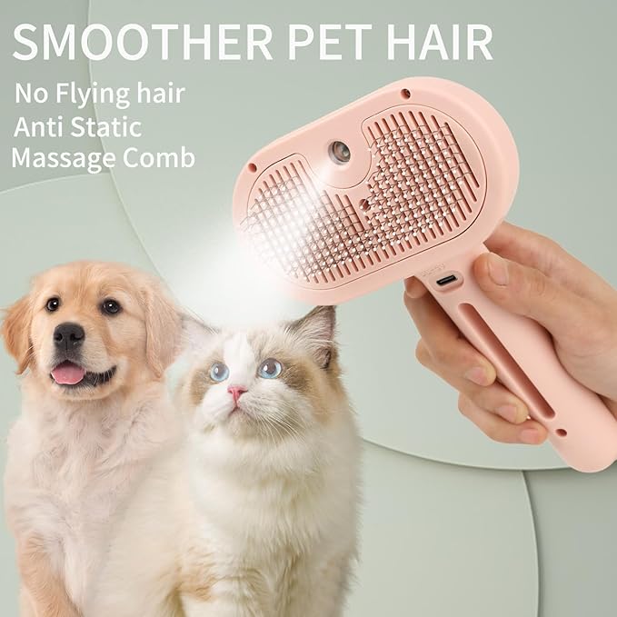 ORIGENCE Cat Steam Brush for Long Haired Cats, Dog Brush for Shedding Pet Grooming, Self Cleaning Hair Removal Comb, Pink