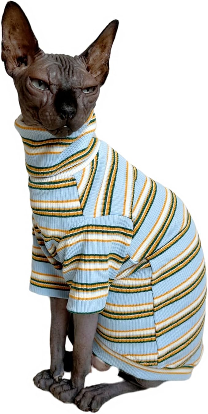 Turtle Neck Vintage Stripes Sphynx Hairless Cat Cotton T-Shirts Pet Clothes Vest Kitten Shirts Sleeveless, Cats & Small Dogs Apparel (Light Blue, M (5-6.5 lbs))