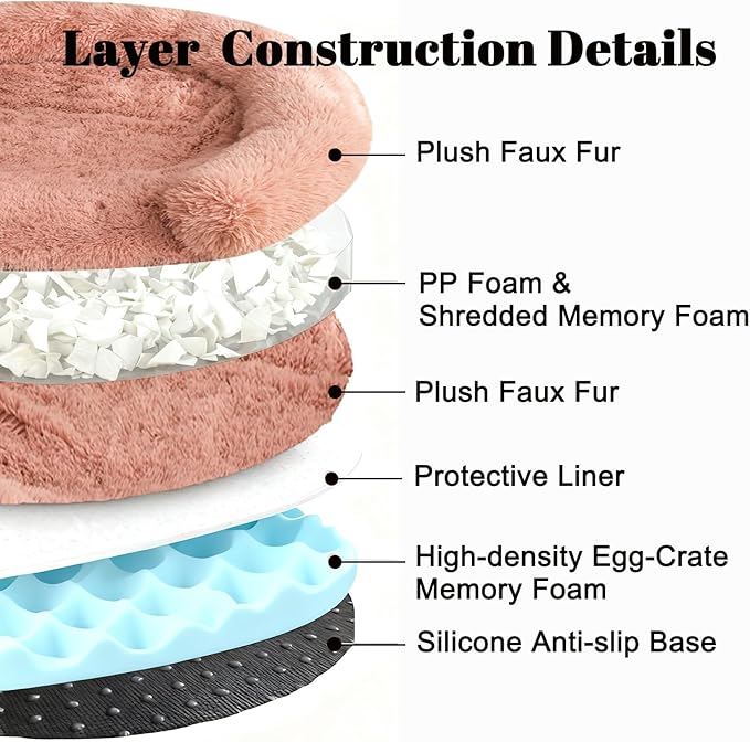 Calming Dog & Cat Beds with Orthopedic Egg-Crate Foam Raised Rim, Soft Long Plush Pet Sofa Couch Bed for Medium Dogs, Anxiety Relief Spine Support, Machine Washable (Round, Blush Pink 28")