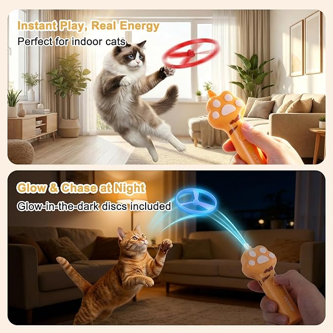Cat Fetch Toy Launcher, Interactive Cat Toy for Indoor Cats, Flying Disc Cat Toy with 6 Discs, Cat Toys for Bored Indoor Cats, Cat Chase & Exercise Toy