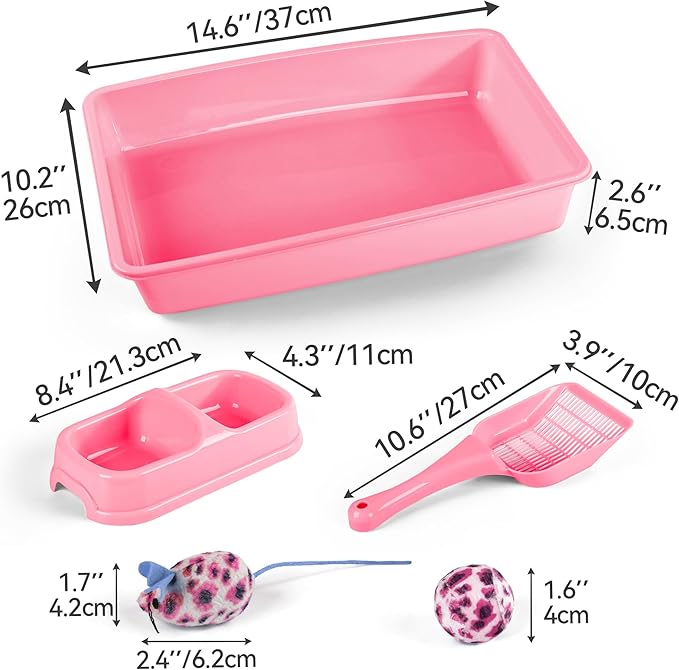 Pink Cat Litter Box Set, Small Cat Kitten Starter Kit with Litter Scoop, Cat Bowl, Kittens Toy; Heated Cat House Indoor, Cats Home with Heated Pad, Cat Houses & Condos, Heater Cat Bed
