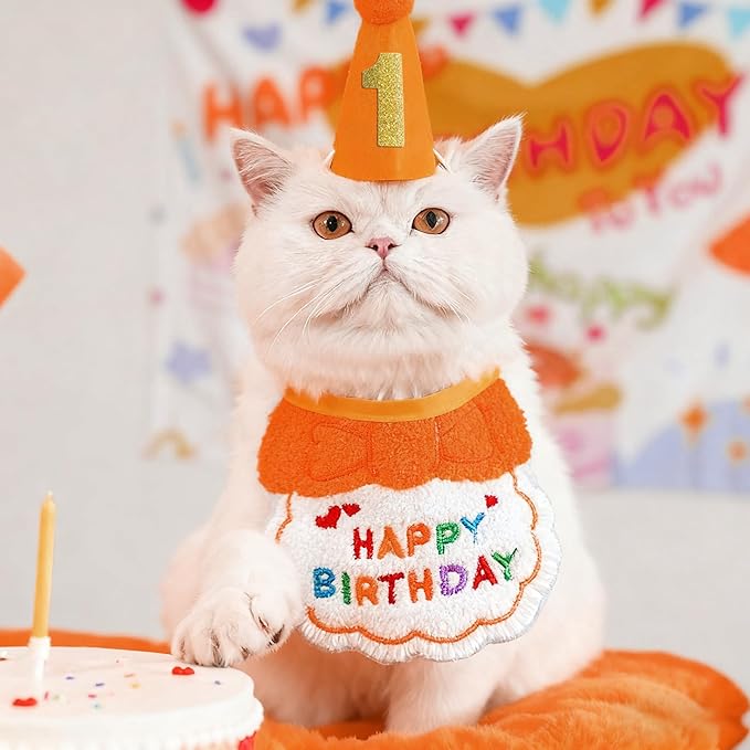 Reusable Cat Birthday Decorations Set - Adjustable Cat Birthday Hat & Bandana with Age Numbers | Kitty Celebration Kit for Memorable Milestones（Orange）