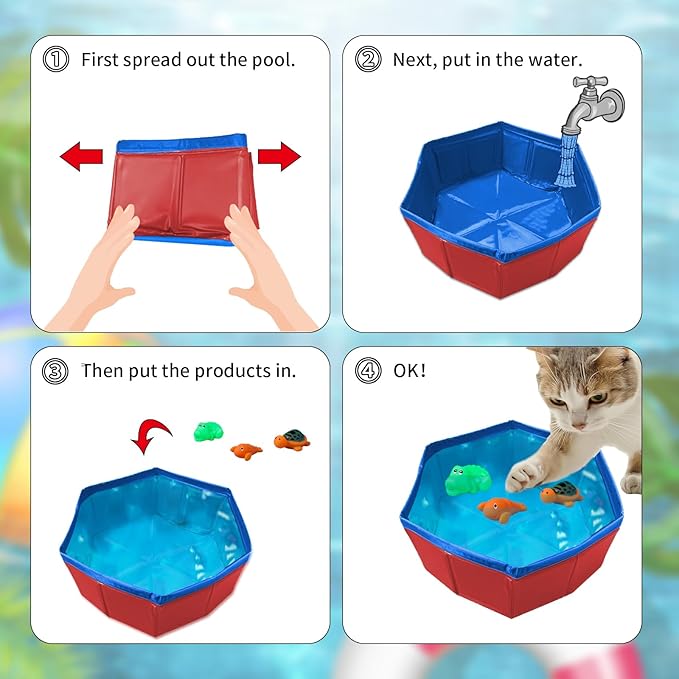 2 pcs Cat Pool Toys with 5 pcs Swimming Toys, VEINARDYL Foldable PVC Cat Splash Play Pool Water Mat Funny Interactive Cats Fish Toy Swimming Pool for Indoor Bored Cats to Self Play