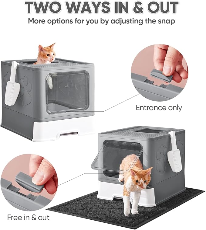 Medario Cat Litter Box with X-Large Litter Mat and Scoop, Large Covered Litter Box with Lid, Enclosed Kitty Box,Front Top Entry Exit, Odor Control Easy to Clean (Upgrade Dark Grey)