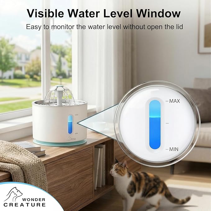 Wonder Creature Cat Water Fountain 2.4L/81oz for Multiple Cats, Stainless Steel Lid Automatic Pet Fountain with Ultra Quiet Pump, LED Light & Water Level Window