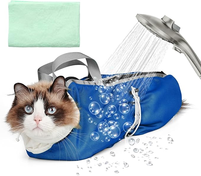 Cat Bathing Bag Anti Scratch Bite Breathable Mesh- Cat Grooming Bag for Nail Trimming, Injections, Medication, Dental Care, Vet Visits, Cats Shower Bag with Zippers,Blue M