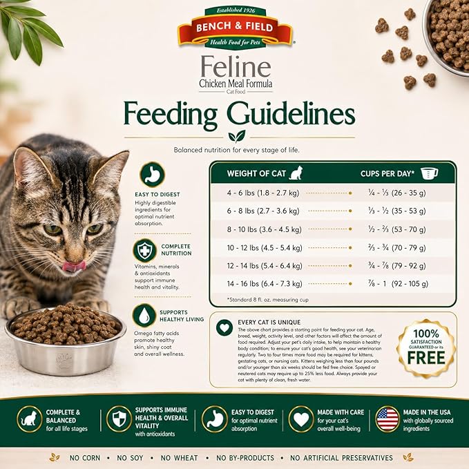 Bench & Field Holistic Premium Dry Cat Food, Chicken Meal & Brown Rice Recipe, Made Without Corn, Wheat, or Soy, All Life Stages, 9 lbs Total (3 lb Pack of 3)