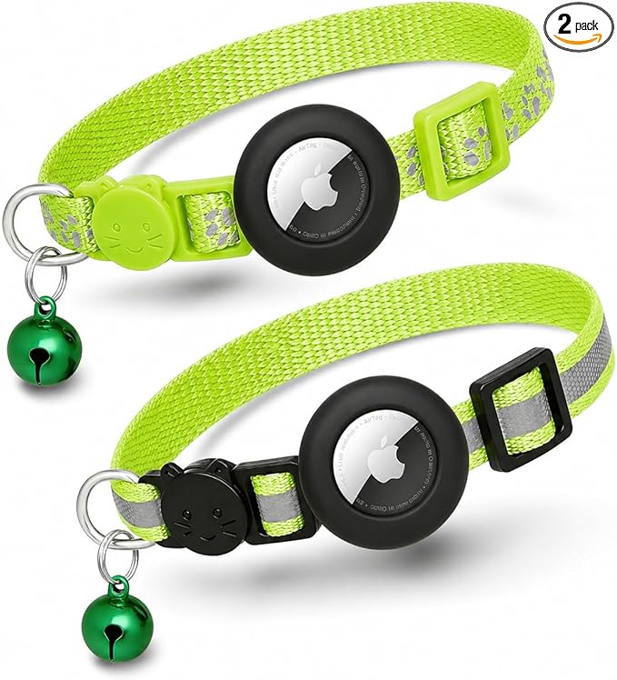 Cat Collar Breakaway 2packs, Reflective Kitten Collar with Apple Air Tag Holder and Bell for Girl Boy Cats, 0.4 Inches in Width and Lightweight (Green)