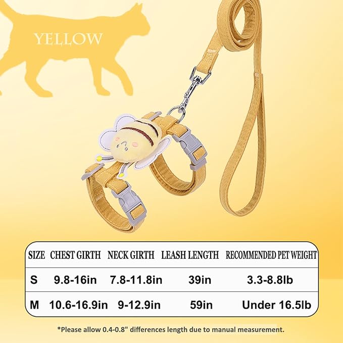 Cat Harness and Leash Set for Outdoor Travel Walking Escape Proof Soft Safe Adjustable Kitten Puppy Small Strap Kitty Cute Bee Wings Yellow M