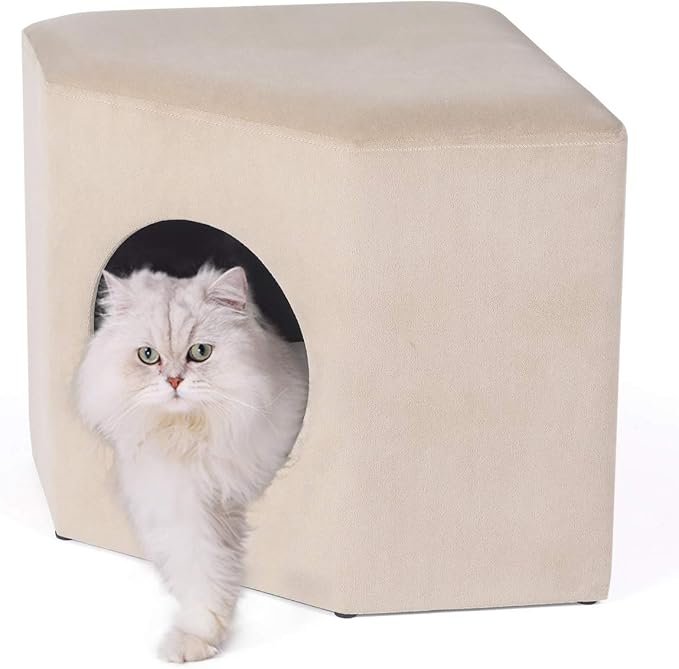 Adeco Modern Cat Condo Ottoman Pet House Ottoman with Removable Padding Round/Square Foot Stool Ottoman 2-in-6 Kitty Bed for Small Cats