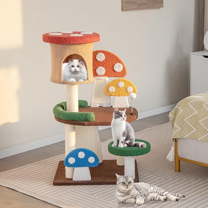 Tangkula Mushroom Cat Tree, Cute Cat Tower with Full-Wrapped Sisal Post, Scratching Board & Spring Ball, Cat Condo, Flower Cat Tree Tower for Indoor Cats Large Adult (40.5 Inch)