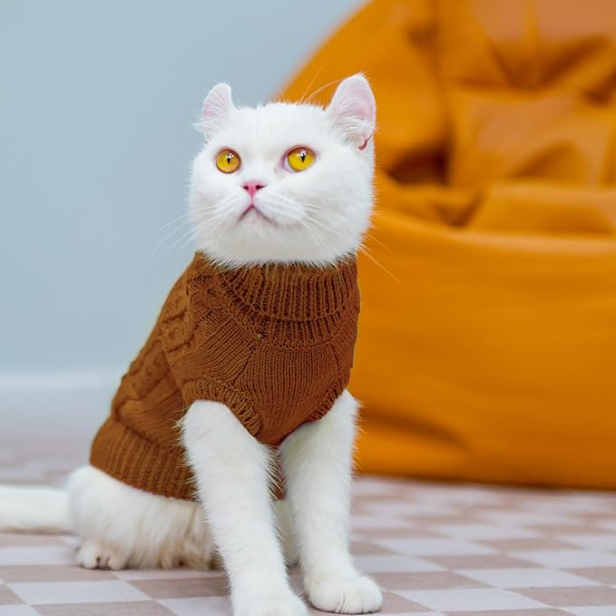 PUPTECK Winter Cat Sweater Coat - Soft Warm Cold Weather Clothes Knitwear for Kittens & Small Dogs Indoor Outdoor Wearing, Knitted Classic for Doggies Kitties Girls Boys, Brown, L