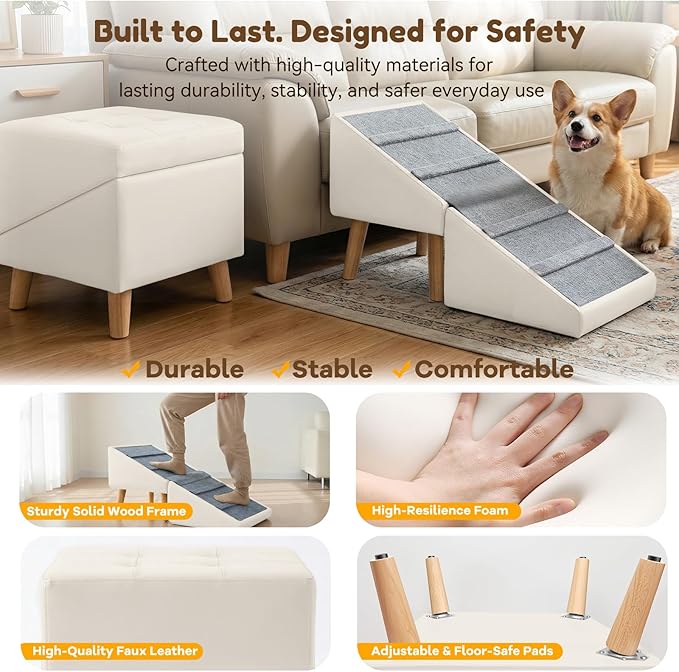 Dog Ramp for Small Dogs, 15.7" H 3-in-1 18.5" Extra Wide Foldable Ottoman & Hidden Storage Design Dog Stairs for Couch Sofa Bed, Non-Slip Pet Steps for Puppy Senior Injured Dogs (White)