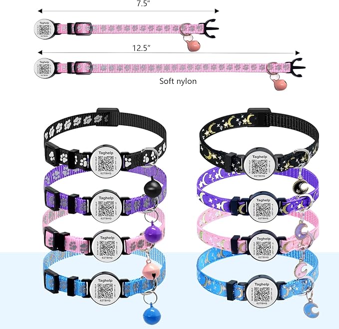 Smart Safety Cat Collar 2-Pack: Luminous Night Glow & QR Code Pet ID Tag, Breakaway Reflective Adjustable Collar (7.5-12.5”) for Indoor/Outdoor Cats, Purple