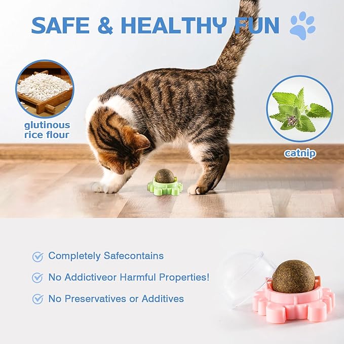 4 Packs Catnip Ball for Cats, Lickable Cat Toys Wall Mount with 360° Rolling & Spinning, Organic Cat Nip Chew Toys for Teeth Cleaning, Mint Magic Catnip Ball Toy for Indoor Cats