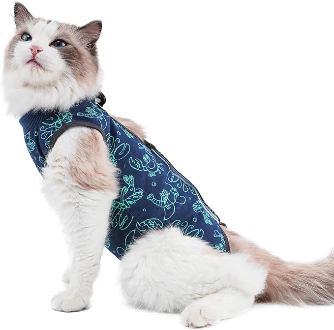 kzrfojy Cat Surgery Recovery Suit Cat Onesie for Cats After Surgery for Surgical Abdominal Wound Or Skin Diseases E-Collar Alternative Wear Neutering Bodysuit Wear (Dark-Blue-L)