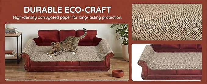 Red Sofa Shape Cat Scratcher, 19.9” Large 2-in-1 Cat Scratcher Lounge Bed, Sturdy Cardboard Scratching Board, Furniture Protector for Indoor Cats