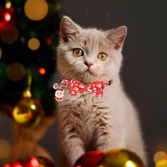 PTDECOR Christmas Cat Collars with Bow Tie Bell, 2 Pack Breakaway Kitten Collar with Removable Bowtie, Santa Box Collar for Cats Kittens