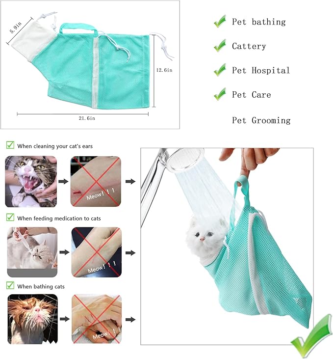 Anti-Scratch Silicone cat Shoes,Cat Claw Covers,Adjustable Multifunctional Anti-Bite Shower net Bag，Cat Grooming Mesh Bag,Cat Bathing Bag (Green-1)