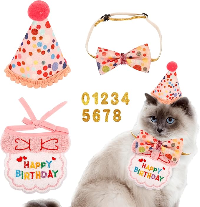 Cat Birthday Party Supplies - Cat Birthday Bandana Scarf & Party Hat (Pink, 4.33" x 5.51")