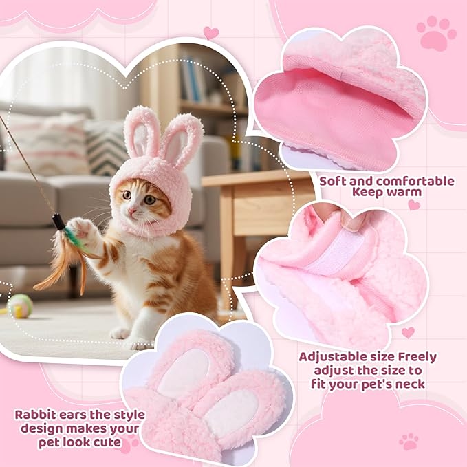 Cute Costume Bunny Rabbit Hat with Ears for Cats & Small Dogs, Soft Bunny Ears Dress Up Party Halloween Costume Accessories Easter Pet Costume for Cats Small Dogs Puppy(Pink)