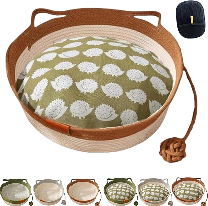 Cotton Rope Woven Cat Basket, Pets Hand Woven Cotton Bed Basket, Round Cat Sleeping Nest with Built-in Scratching Pad and Play Ball for Cats and Dogs All-Season (Khaki-B, Small)