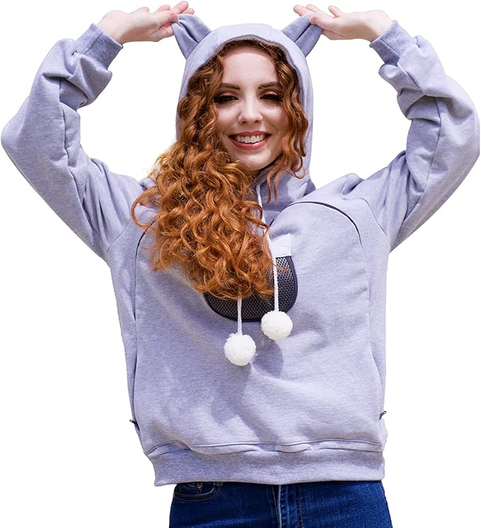 ALYC Unisex Hoodies Pet Holder Cat Dog Large Pouch Carriers Pullover with Cat Printing Sweatshirt (Light Grey-XL)