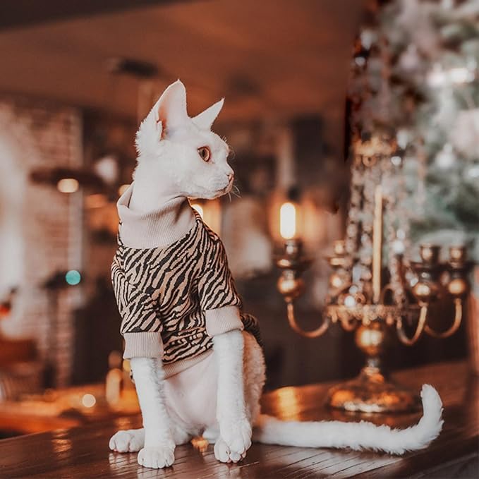 Vintage Mulan Cotton Sphynx Hairless Cats Shirt Cat Turtleneck Pet Clothes Kitten T-Shirts with Sleeves for Sphynx Cornish Rex, Devon Rex, Peterbald (Small, Zebra)
