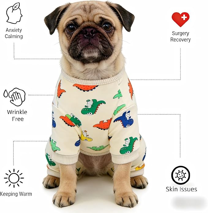 Dog Pajamas Polyester Dog Pajama Cozy Dog Pjs Soft Dog Onesie Pajamas for Dogs Stretchy Dog Pajamas Dog Clothes with Dinosaur Pattern, Large
