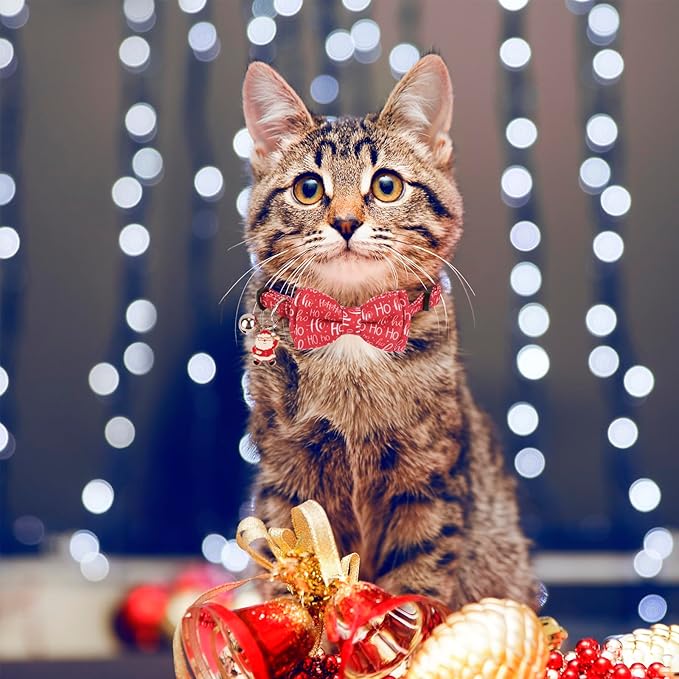 PTDECOR Christmas Cat Collars with Bow Tie Bell, 2 Pack Breakaway Kitten Collar with Removable Bowtie Christmas Tree Hoho Collar for Cats Kittens