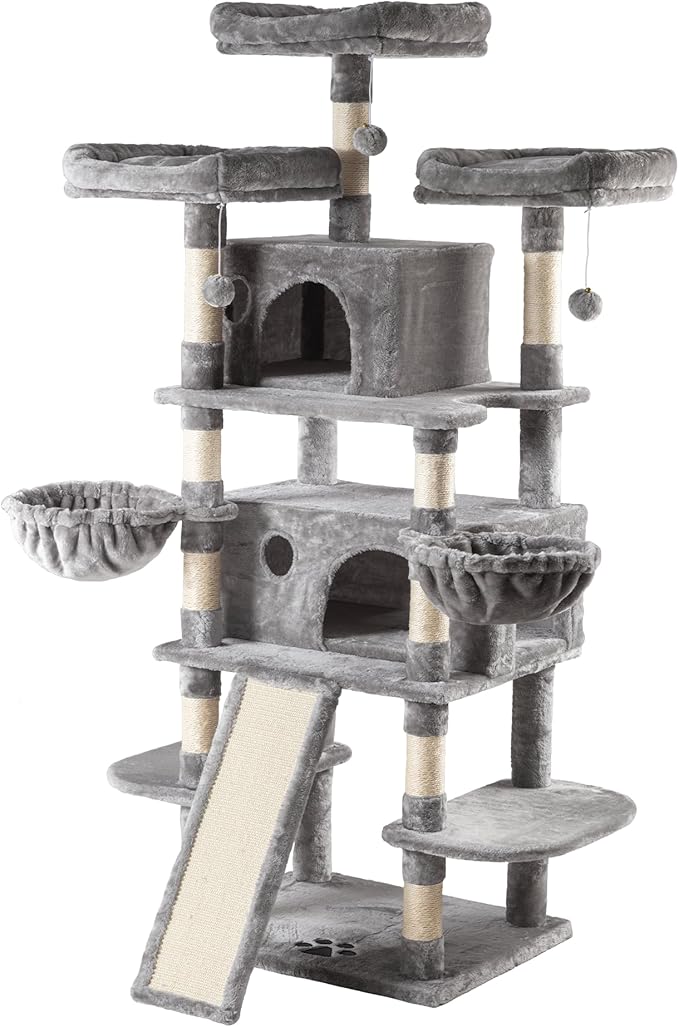 IMUsee 68 Inches Multi-Level Large Cat Tree for Large Kitties/Big Cat Tower with Condo/Cozy Plush Perches/Sisal Scratching Posts and Hammocks/ ‌Feline Activity Center Play House/Grey