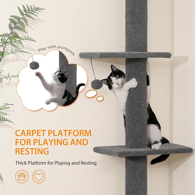 Cat Craft Floor-to-Ceiling Cat Tower, Adjustable 95-108 Inch Tall Carpet Cat Pole with Sisal Scratching Post & Mat, Stable Indoor Activity Furniture for Kitten & Adult Cats, Charcoal