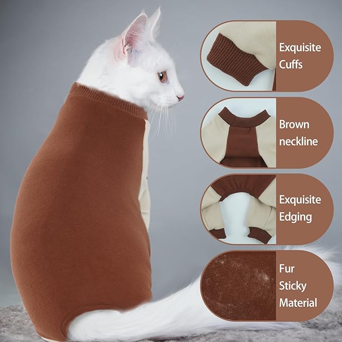 QBLEEV Sticky Hair Cat Clothes, Soft Cat Pajamas for Cats Only, Prevent Lost Fur Kitten Sweater Onesie, Stretchy Recovery Suit for Female Male Cats After Surgery Daily Wear, Brown, XS