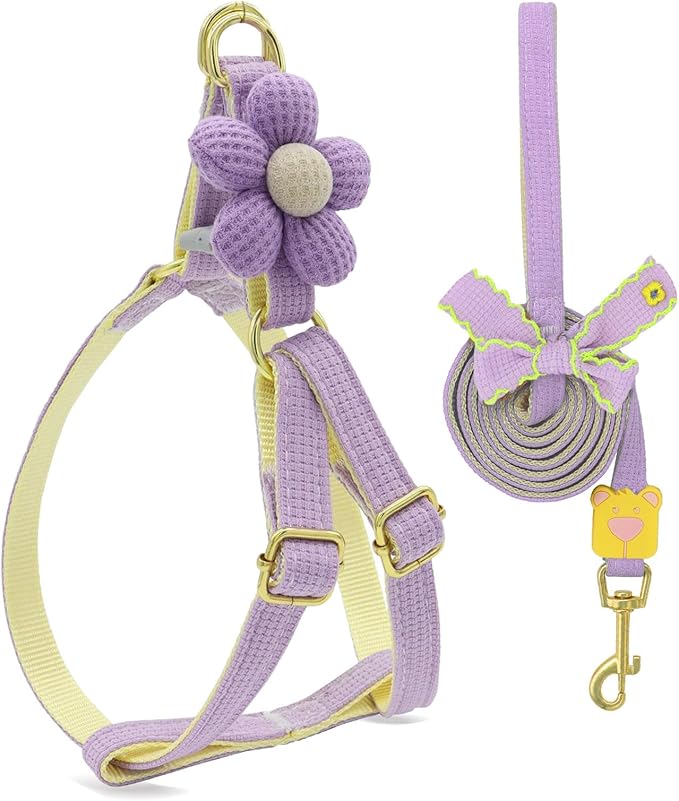 PETCARE Cute Flower Dog Harness and Bowtie Leash Set Easy Walk Puppy Dog Halter Harness for Small Dogs Girl Step in Dogs Harnesses with Buckle (Purple, Chest Adjustable 9"-14", Rope Width 0.39")