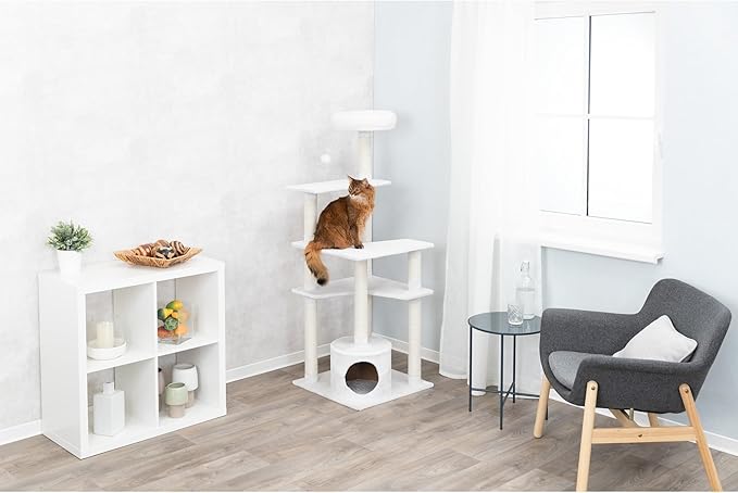TRIXIE Seli Cat Tree – Cat Tower with Sisal Posts, Condo, Padded Platforms & Hanging Toy – Cat Furniture for Indoor Cats – Cream, 21.1" x 21.1" x 59.1"