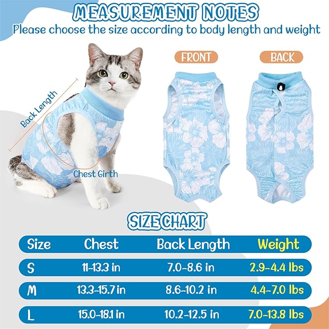 SlowTon Cat Recovery Suit - Cat Onesie for Cats After Surgery Female Male, Kitten Clothes Cats Surgical Spay Suit Abdominal Wounds, E-Collar Alternative Bodysuit Shirt Anti-Licking (Blue Flower,M)