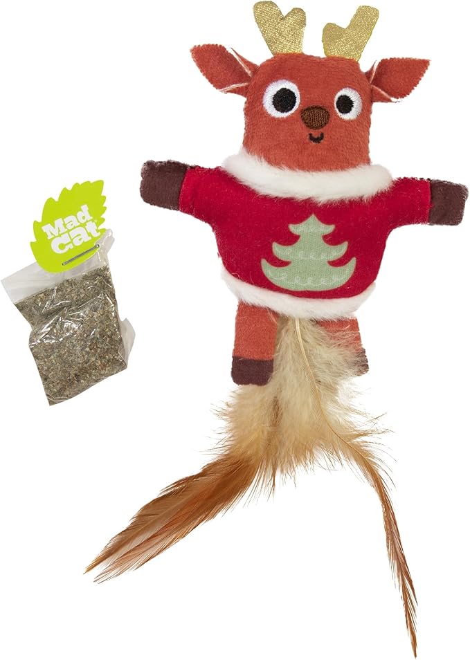Mad Cat Ugly Sweater Stuffer Reindeer Catnip Soft Refillable Plush Cat Toy with Fun Sounds, Pack of 1