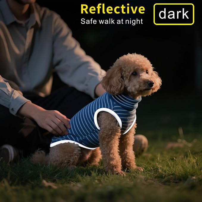 Idepet 2 Pack Striped Dog Sweater, Stretchy Dog Shirt Vest Turtleneck Pet Pullover Puppy Clothes Reflective Sweatshirt Fleece Cat Apparel (Blue Stripe + Navy, X-Small)