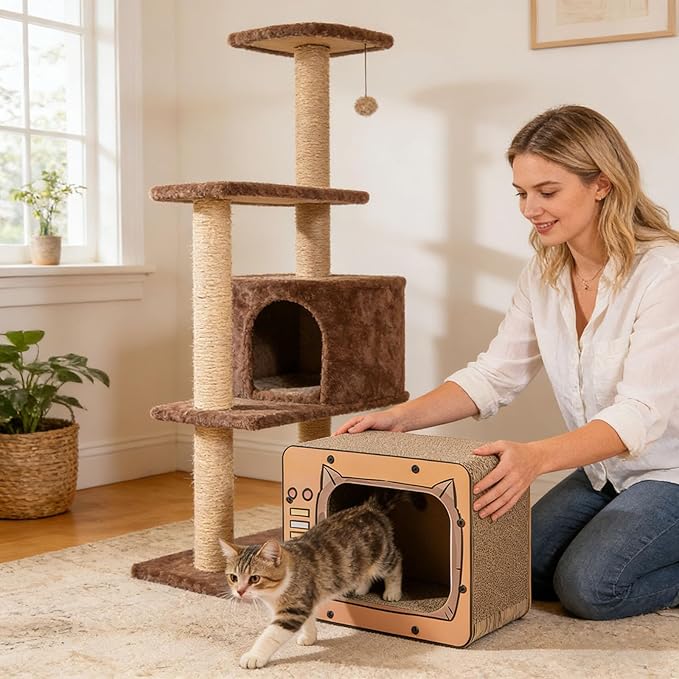 Cat Scratch House, TV Shape Corrugated Bed, Cat Furniture & Side Table for Living Room and Bedroom Decoration, Enrichment Play Exercise Boredom (#1)