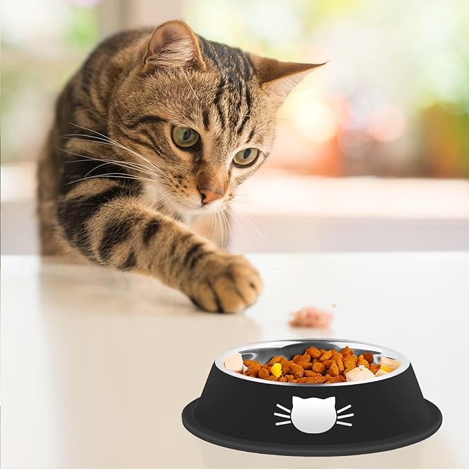 Serentive 2 Pcs Non-Slip Stainless Steel Small Cat Food Bowls - Unbreakable, Thicken 7 Oz Cat Dishes - Indoor, Removable Rubber Base, Easily Clean, Lovely Color