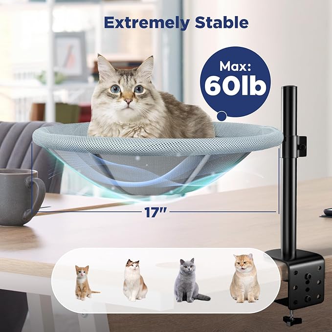 AIPERRO Cat Desk Bed - 360° Rotating & Height Adjustable Cat Hammock Perch, Sturdy Cats Bed for Desk with Removable Washable Cover, Supports Up to 60lbs, Perfect for Indoor Cats