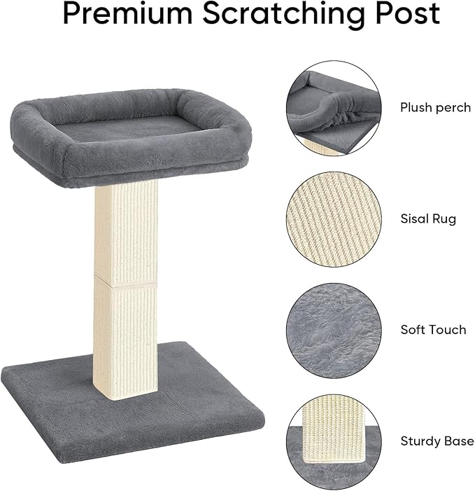 Cat Scratching Post, 32”Cat Scratcher with Large Plush Perch, Sisal & Carpet Scratching Post, Vertical Posts with Elevated Bed for Indoor Cats, Removable& Washable Cover, Grey
