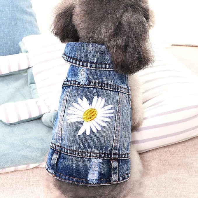 Dog Denim Jacket with Embroidered Daisy, Ripped Vintage Jean Vest for Small Dogs, Puppy, Pugs, Chihuahuas, Spring Summer Fall Festival Outfit, Small (Fits Chest 11-12")