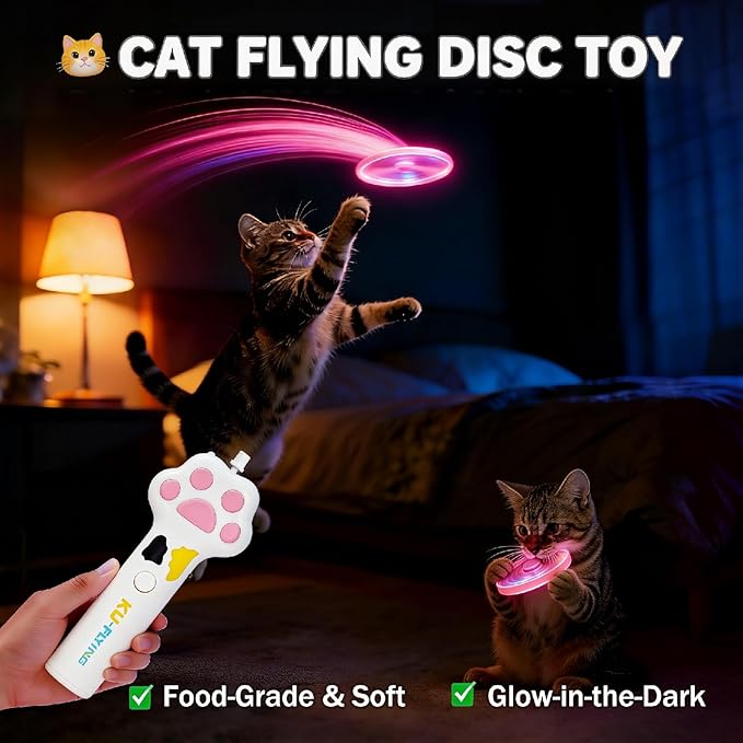 Cat Fetch Toy Launcher with 10 Soft & Flexible Discs, Cat Toys for Indoor Cats, LED Glowing Launcher, Electric Interactive Kitten Toy for Hunting & Exercise, USB Rechargeable