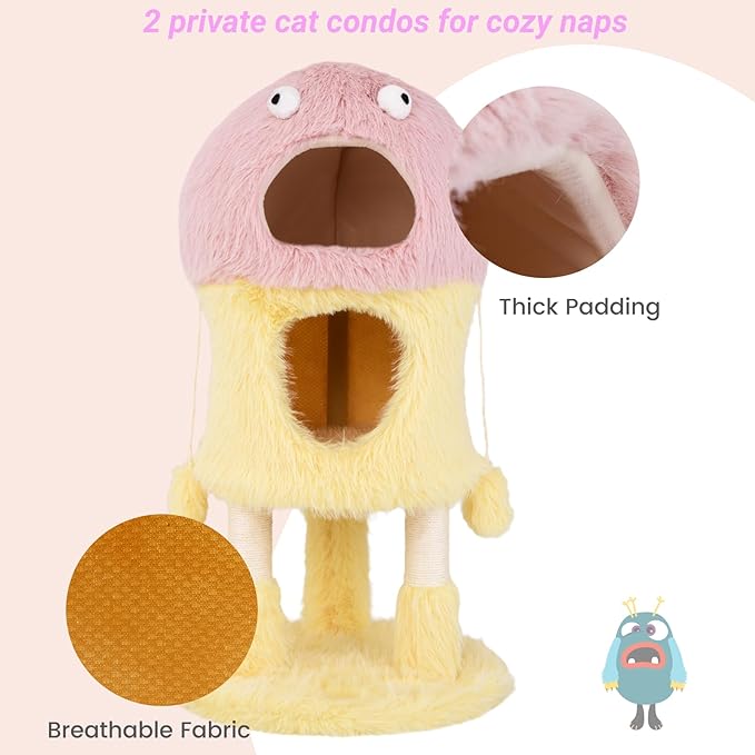 Tangkula Monster-Themed Cat Tree, 3-Level Cat Tower Activity Center with 2-Story Cat Condo, Sisal Scratching Posts & Hanging Toys, Long Plush Cute Cat Tree Tower for Indoor Cats (37 Inch)