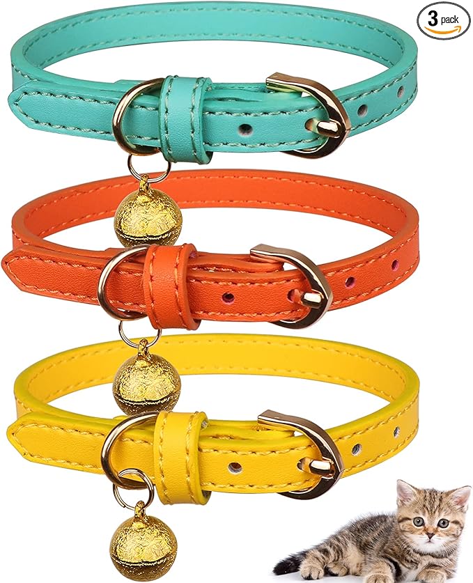 3 Pack Leather Cat Collars with Bells Soft Pet Safety Collar Kitten Collars with Bell Orange Yellow Mint Green(S)