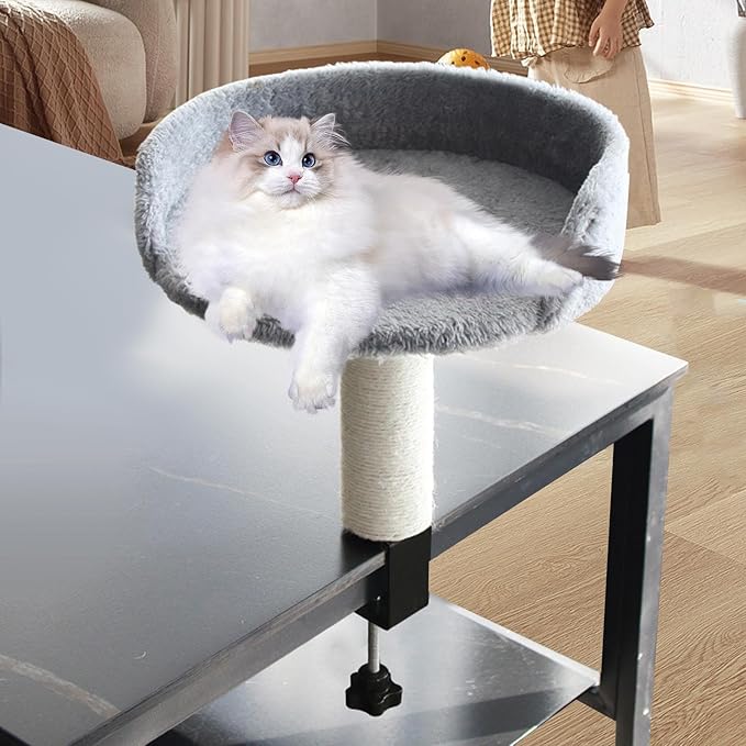 Desktop Cat Bed Round Hammock Elevated Perch for Indoor Cats Soft Stable Easy Assembly Kitten Furniture- Gray