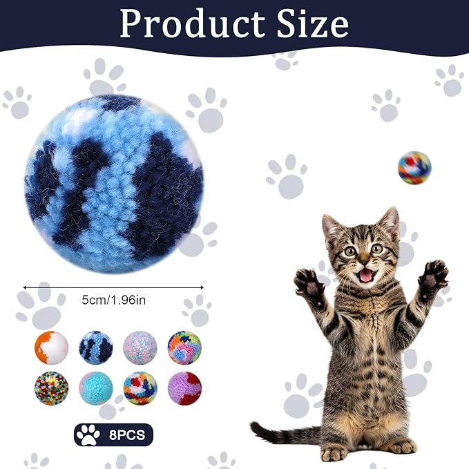 8 Pcs Woolen Yarn Cat Ball Toys Assorted Color Soft Fuzzy Pom Pom Balls Interactive Cat Chasing Toys for Indoor Cats Kittens
