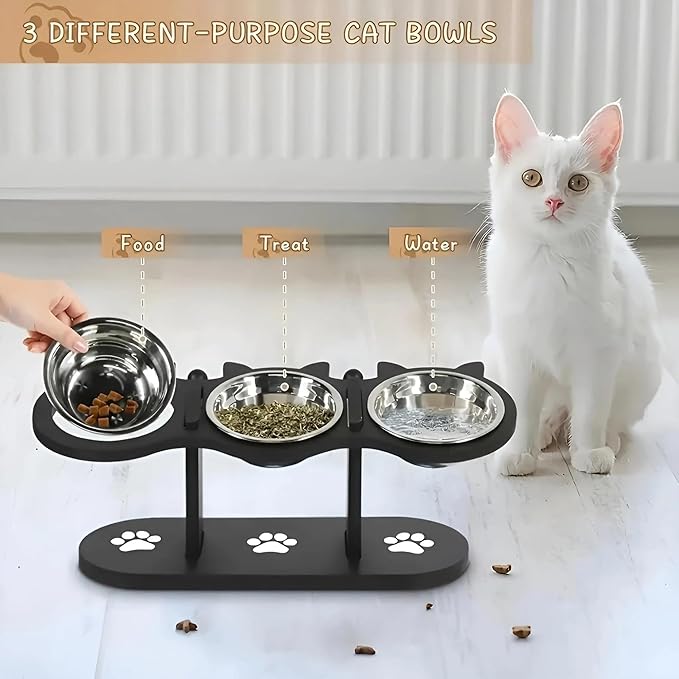 15° Tilt Elevated Stainless Steel Cat Bowl, Wooden Stand Pet Food Water Feeding Dish
