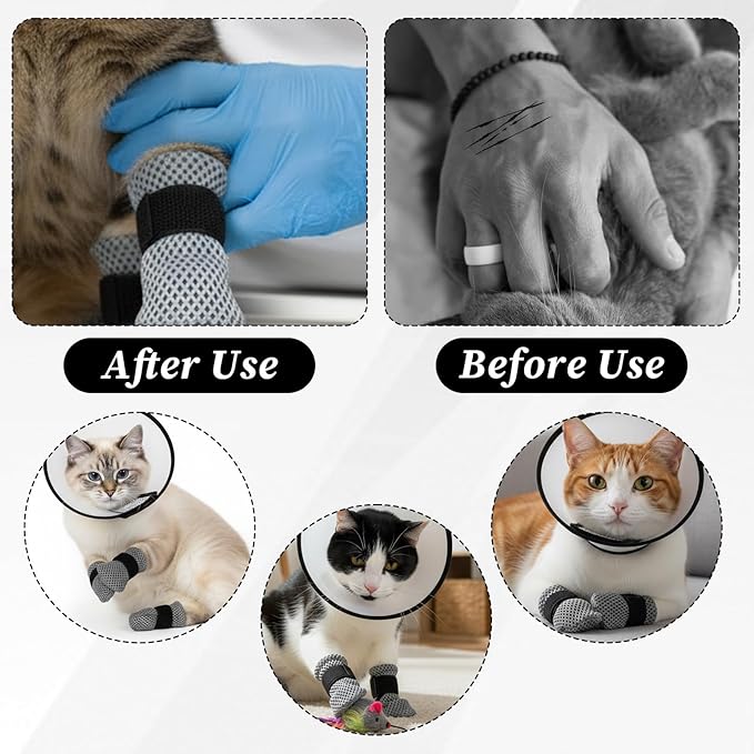5 Pcs Cat Boots Anti Scratch Mittens Gloves with Elizabethan Collar Adjustable Cat Claw Protectors Covers Mesh Breathable Kitten Shoes Booties Anti Scratch Socks for Pet Bathing Cutting Nails
